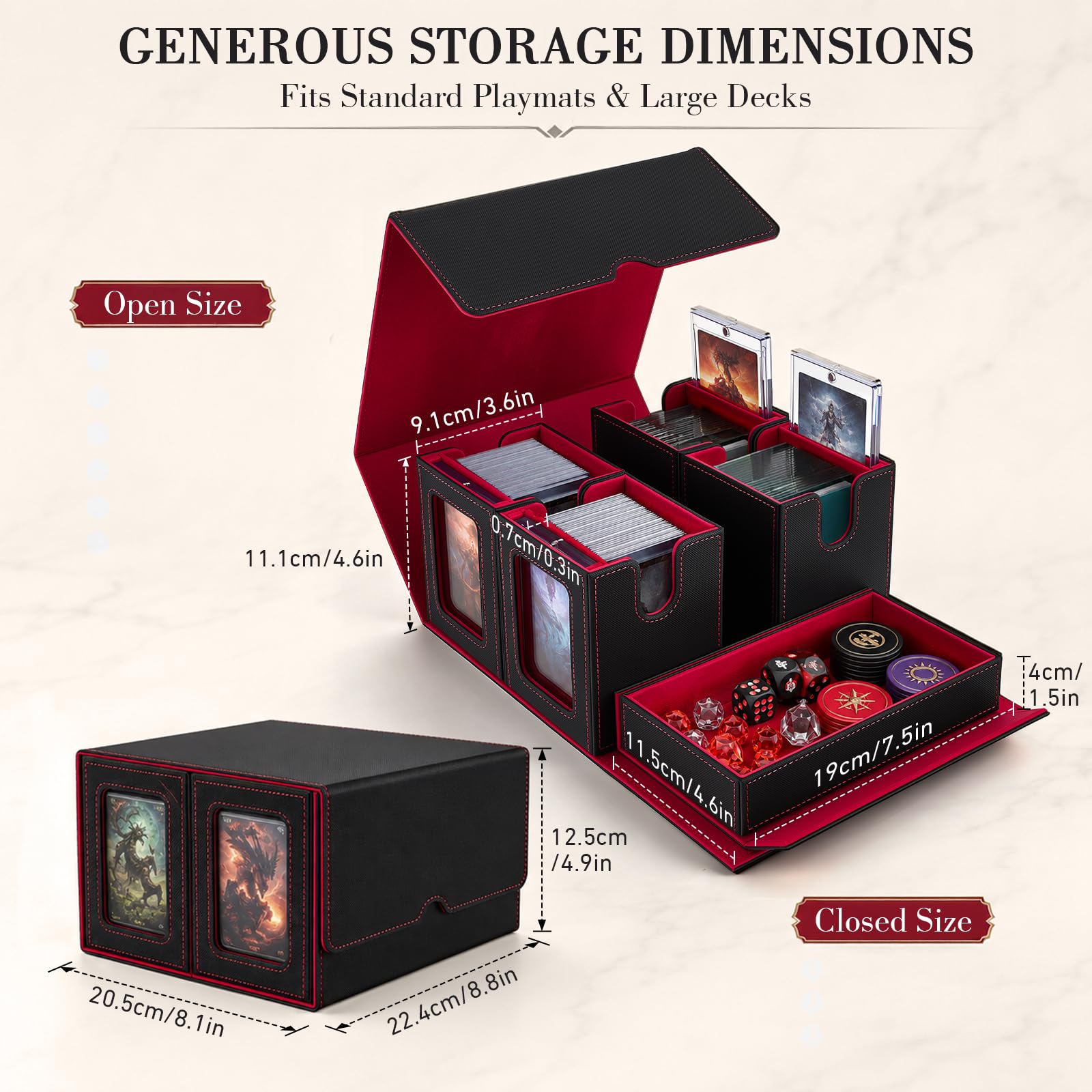 Boîte de Rangement pour MTG, Commander Deck Box avec Würfelablage | Trading Card Aufbewahrungsbox Magnétique pour Commander avec Fenêtre et Séparateurs, Capacité 400+ Cartes Doppelt Gesleevte