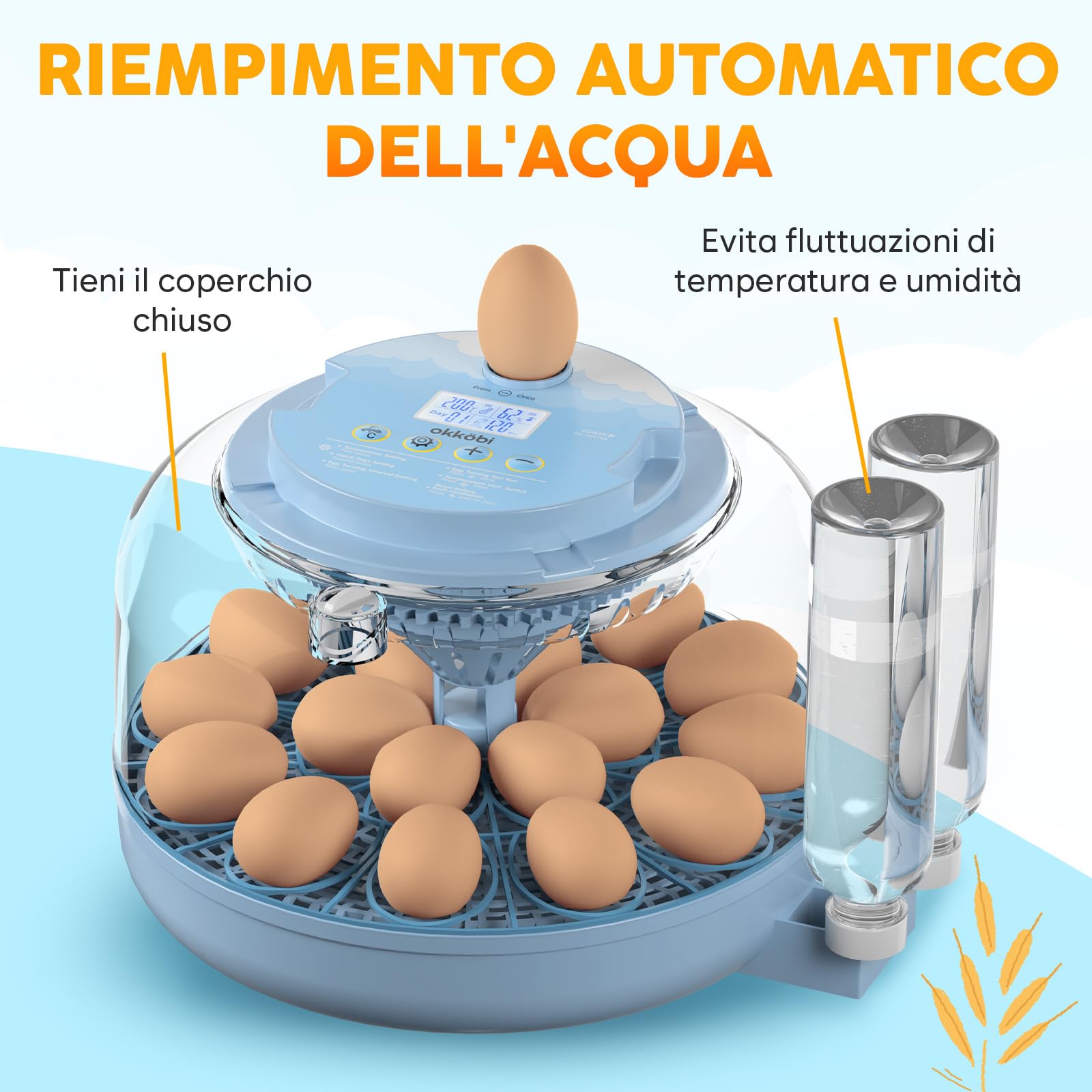 Incubatrice per Uova Automatica 18 Uova – Incubatrice Uova con Rotazione Automatica, Controllo Umidità, Bottiglie d’Acqua, Ventilazione, Visualizzazione 360° e Mire-uovo Integrato