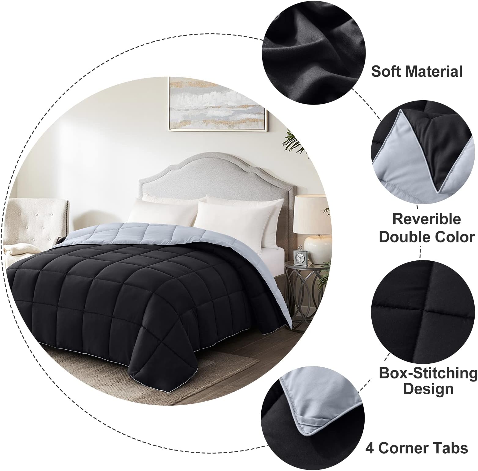 Homelike Moment California King Lightweight Comforter Black - All Season Down Alternative Bed Comforter Summer Duvet Insert Quilted Reversible Comforters Cal King Size Black/Light Grey