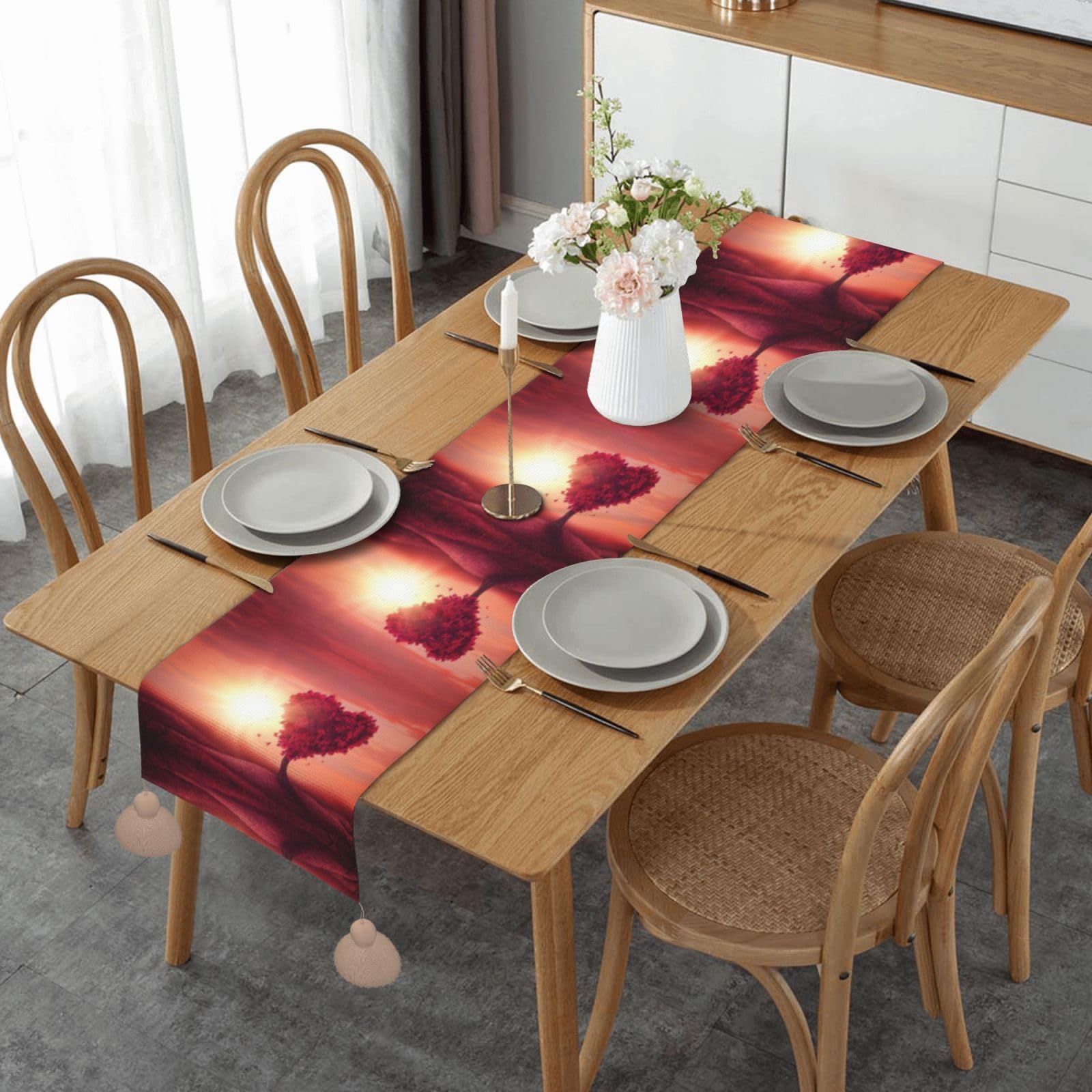 Chemin de table avec pompons macramé fait main pour décoration de table de fête chic