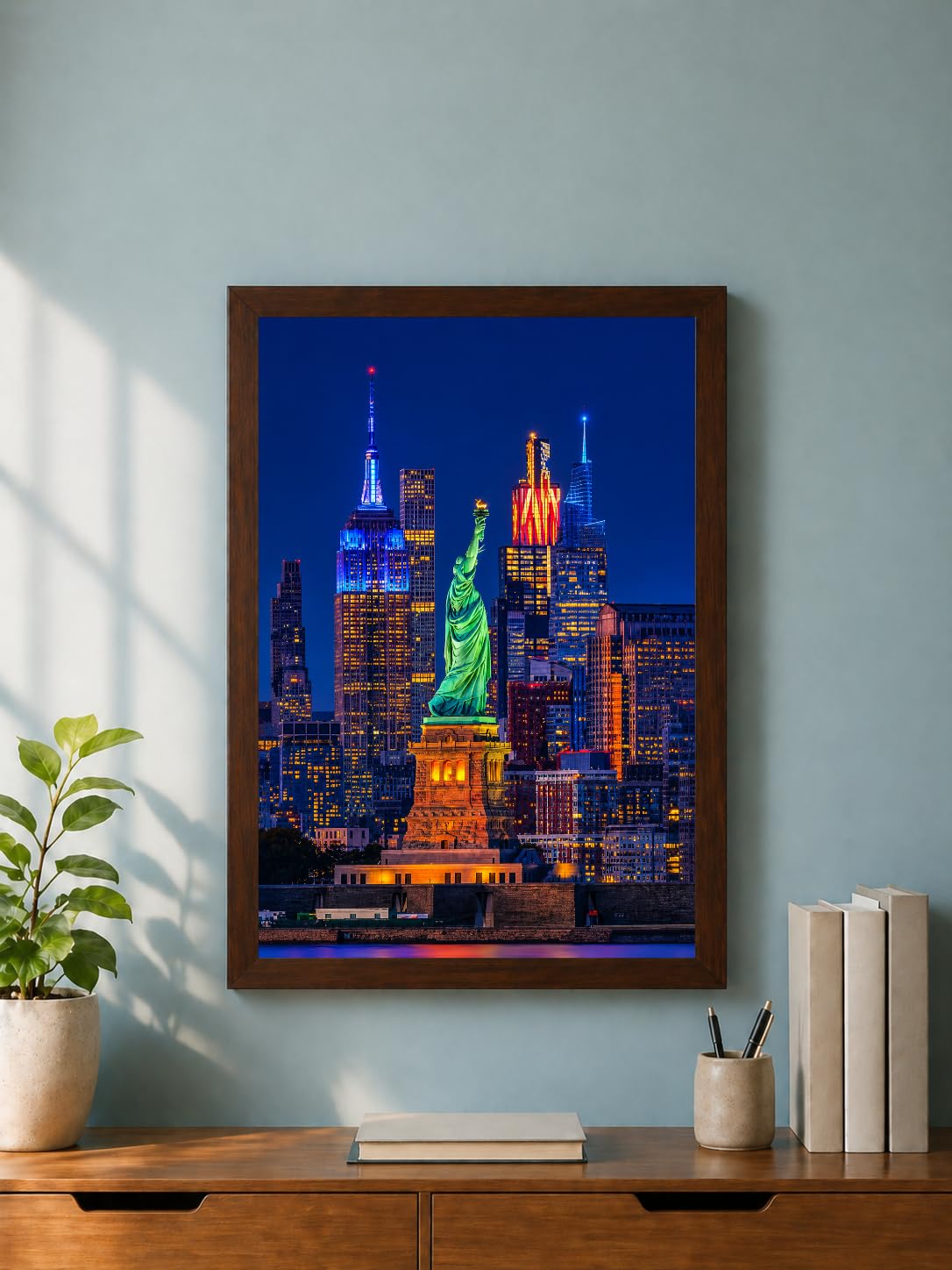 Fixandfurnish Statue of Liberty Wall Art, New York City Skyline Framed Poster, NYC Night Cityscape Architecture Wall Painting for Living Room, Office, Bedroom & Home Decor, 12 x 18 Inch Framed Wall Painting, Set of 1-image-1