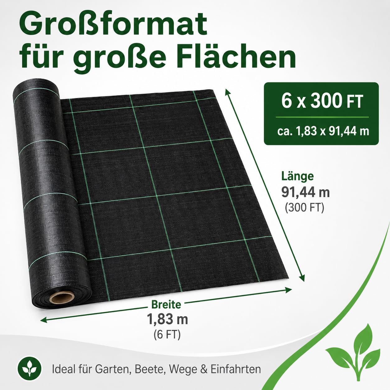 Landschaftsgewebe 6 x 300 FT, Schweres Unkrautvlies für Garten, Einfahrt und Landschaftsbau, Wasserdurchlässige Gewebeplane als Unkrautblocker, Bodengewebe, Geotextil und Unkrautmatte