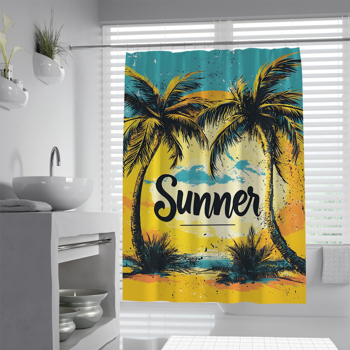UERWOWELL Tropical Palm Tree Shower Curtain Summer Beach Sunset Scenery Bath Curtain with Hooks Waterproof Polyester Fabric Coastal Holiday Bathroom Decor W220xL180 cm