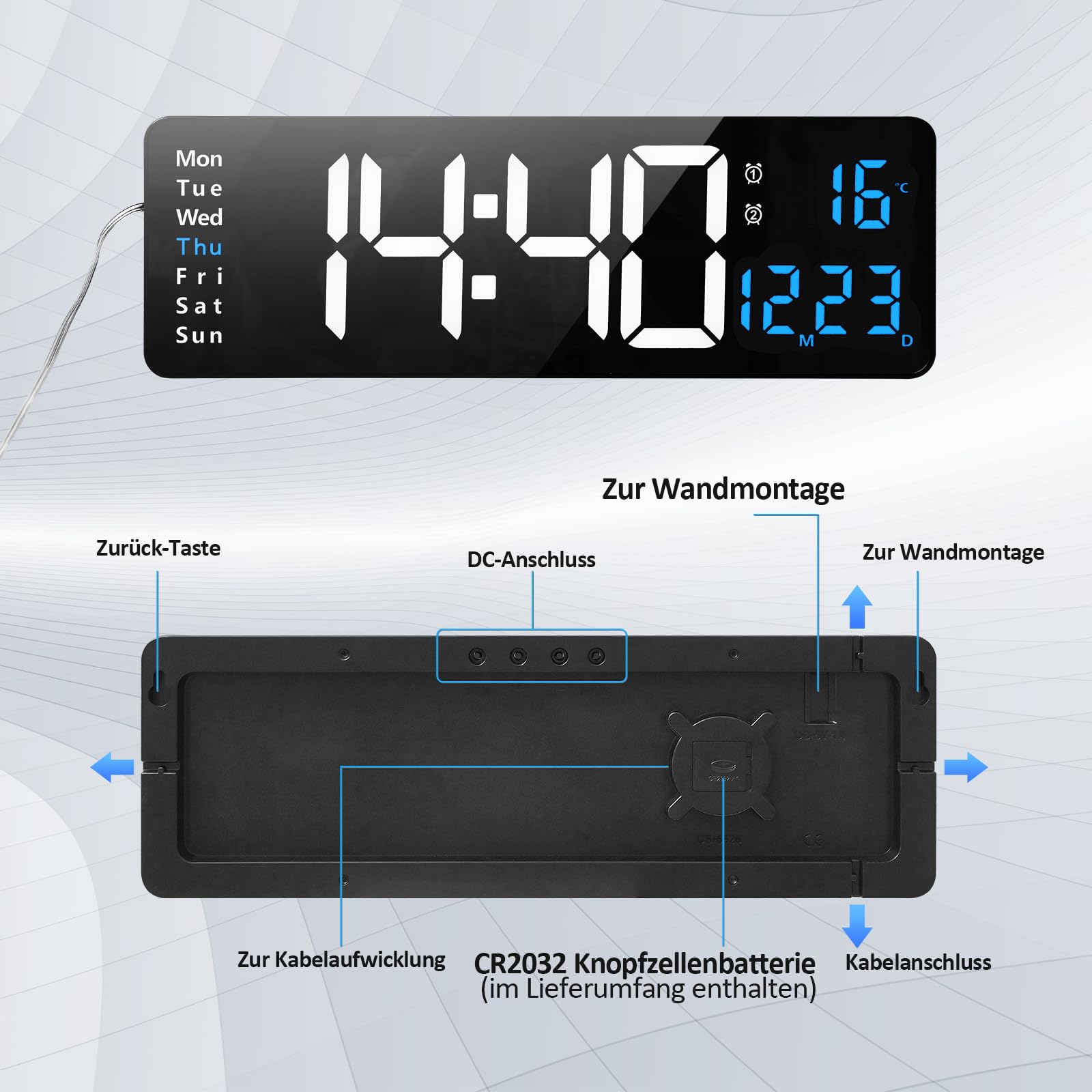 Orologio da parete digitale a LED, 40 cm, con conto alla rovescia, luminosità regolabile, con ora/data/temperatura, per soggiorno, cucina, ufficio, palestra, blu