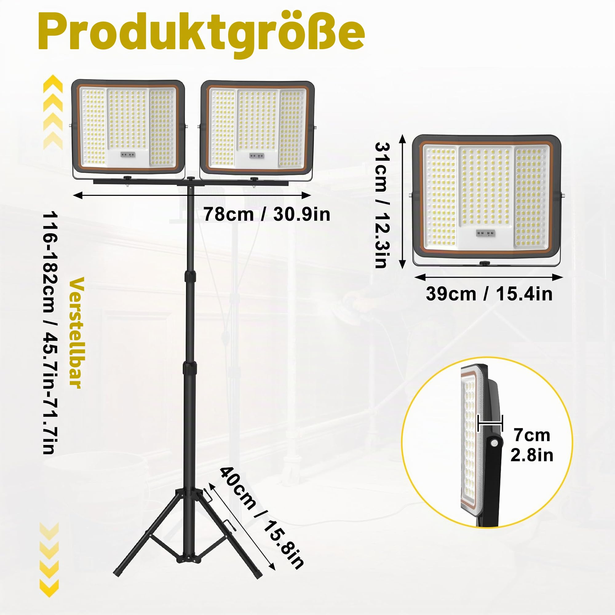 UISEBRT 2x300W LED Baustrahler Akku mit Stativ & 2M Typ-C Kabel,360° Drehbar,3 Lichtmodi,116-182cm höhenverstellbar,Kaltweiß IP66 Wasserdicht Strahler für Garage Werkstatt Baustelle