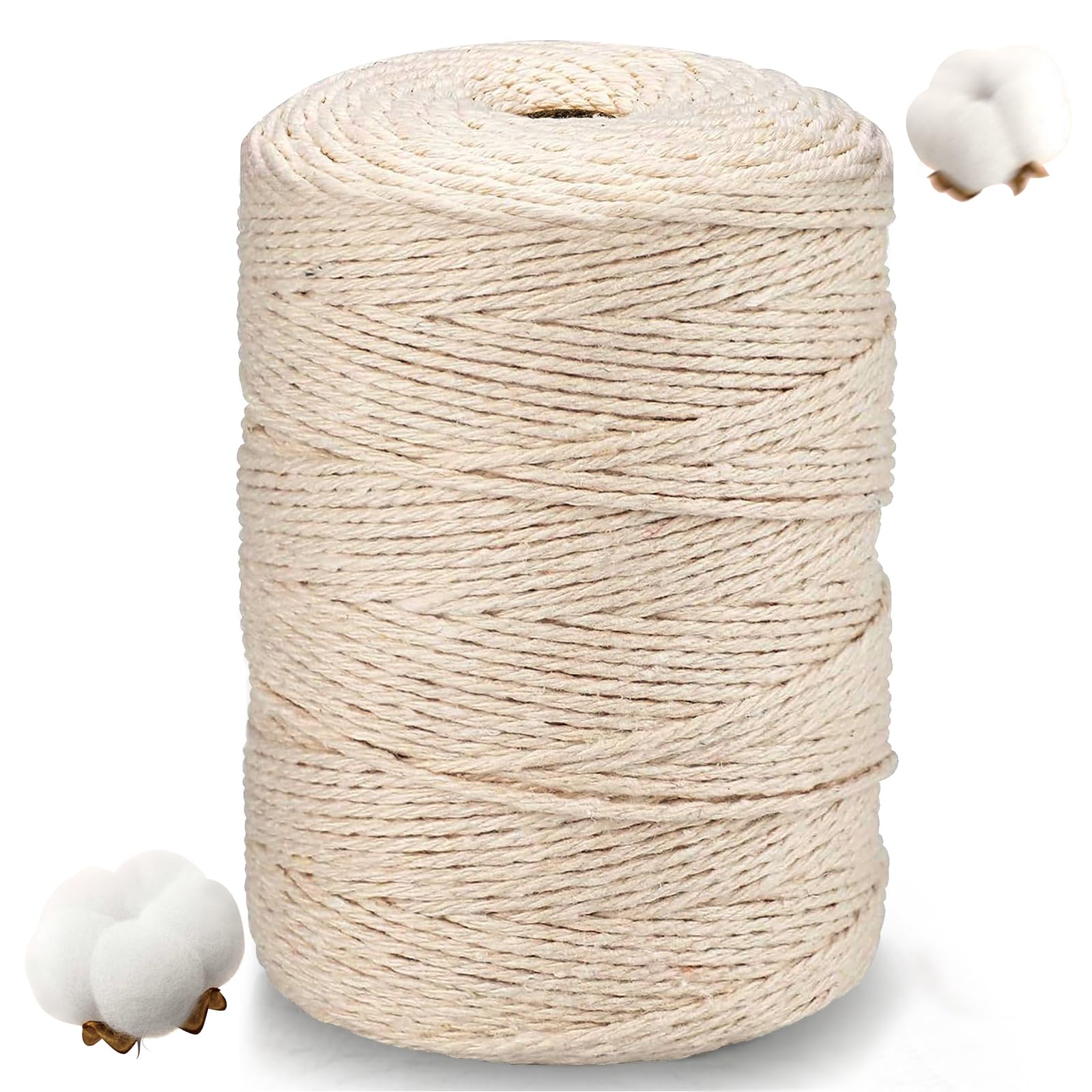 HOVIBU Filo Macramè, 3mm x 300m Corda Macramè in Cotone Premium Beige, Macrame Corda Morbido, Macramè Filo per Artigianato, Piante Sospese, Decorazioni Bohémien, Arazzi, Appendini per Piante
