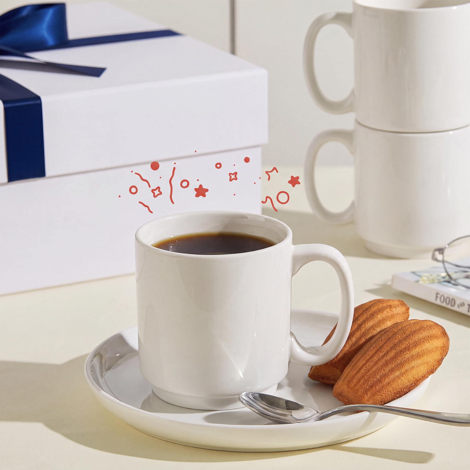 Sweese Stapelbare weiße Kaffeetassen aus Porzellan, Kaffeetassen mit Griff, für spezielle Kaffeegetränke, Cappuccino, Café Mokka, Latte und Tee, Weiß,