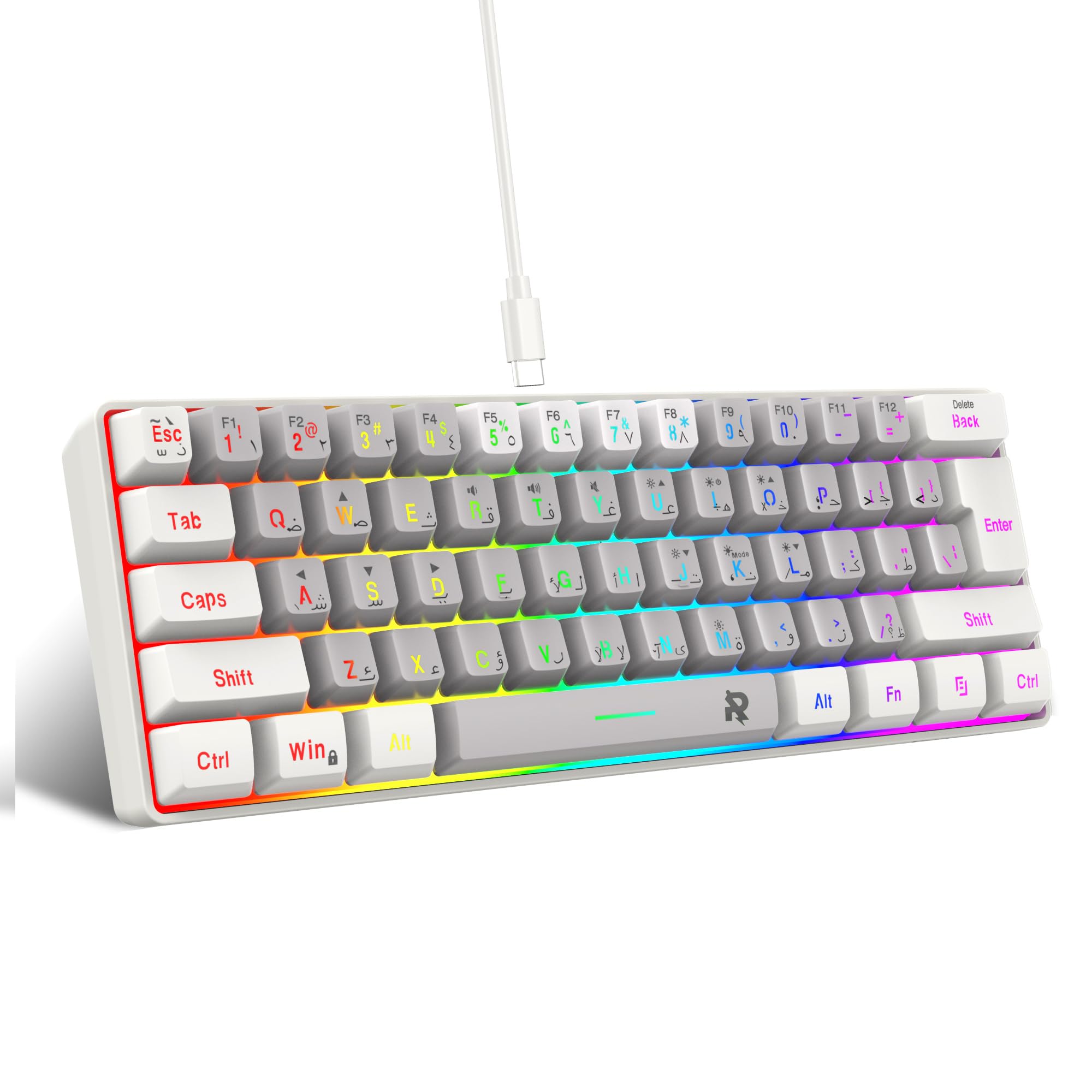 ROCK POW Arabic English 60% Wired Gaming Keyboard, RGB Backlit Mini Keyboard, Waterproof Small Ultra-Compact 61 Keys Keyboard for PC/Mac Gamer, Typist, Travel, Easy to Carry on Business Trip 61keys WG