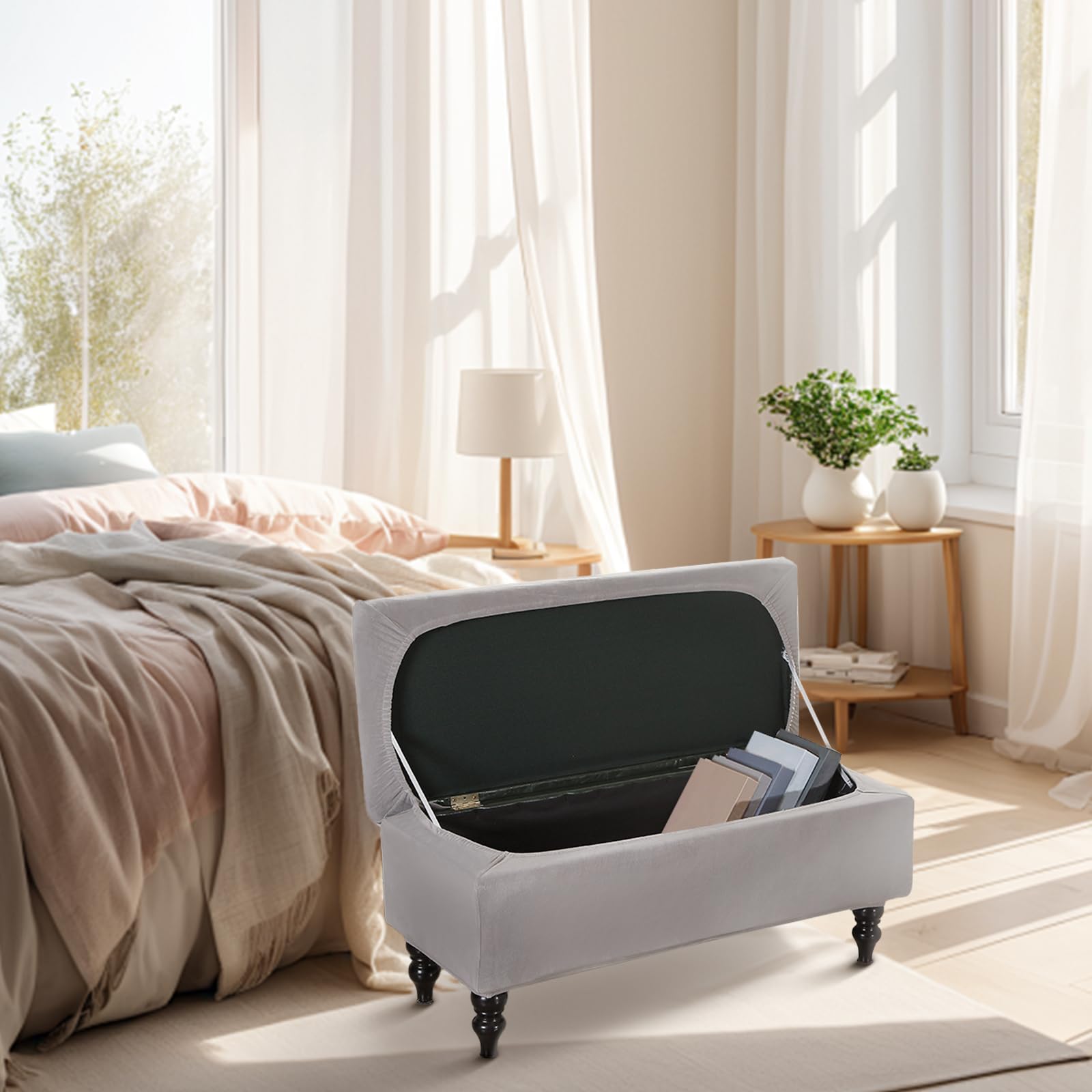 Velvet Storage Ottoman Cover, Stretch Ottoman Bench Cover, Soft Footstool Cover, Rectangular Ottoman Bench Slipcover, Nonslip Ottoman Slipcovers, Footrest Stool Cover with Elastic Bottom(grey)