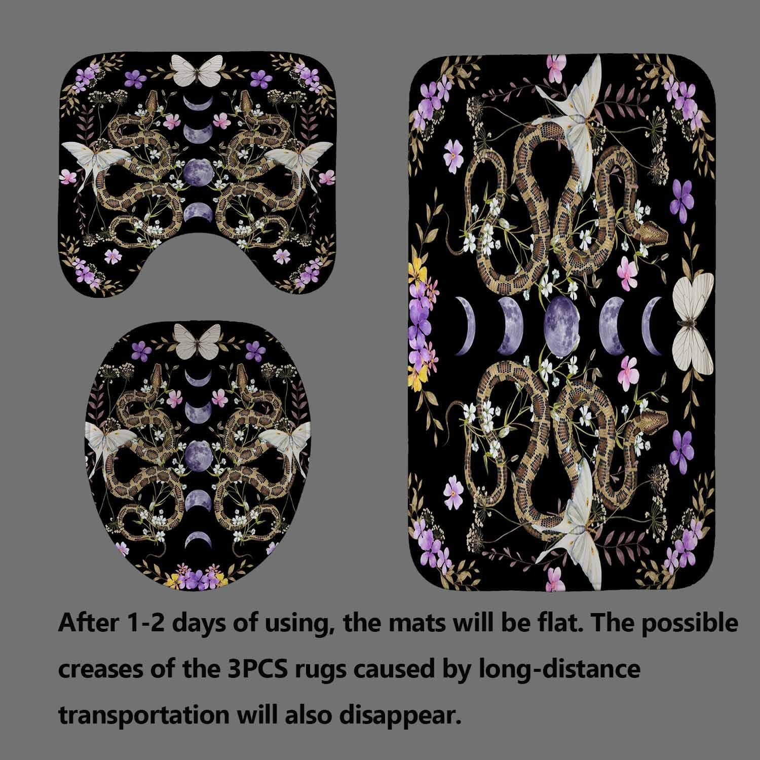 4PCS Snake Shower Curtain Sets With Rugs, Waterproof Fabric Black Shower Curtain, Moon Phase Galaxy Purple Floral Flower Butterfly Plant Botanical Leaves Leaf Moth Gothic Witchy Bathroom Decor