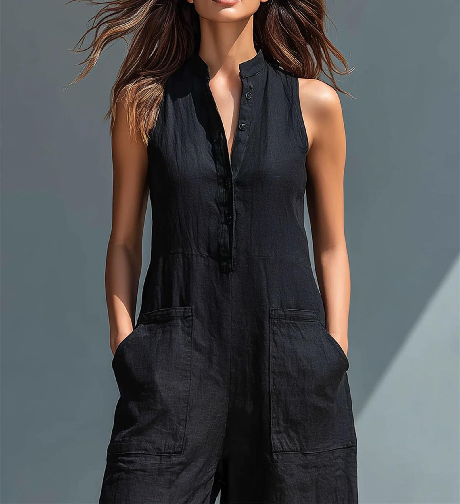 Damen-Jumpsuit aus Leinenmischgewebe mit Stehkragen, Knopfleiste, ärmellos, locker geschnitten, weites Bein und Taschen