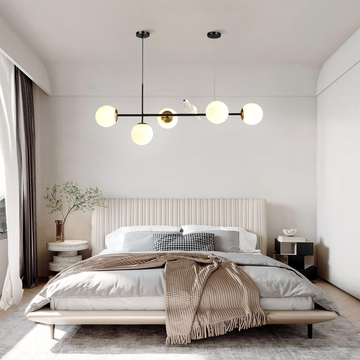 KCO Lighting 5-Light Glass Globe Sputnik Chandelier Mid-Century Modern Black Linear Pendant Light with Frosted White Lampshade for Kitchen Island Living Room