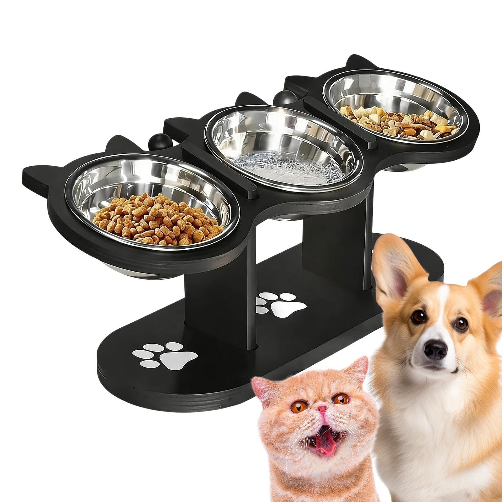 Rialzata Per Cani | Mangiatoia per Animali Domestici Inclinata di 15° Regolabile in Altezza con 3 Ciotole | d'Acqua Regolabile per Gatti | per Casa Cucina Soggiorno Balcone Esterni Campeggio