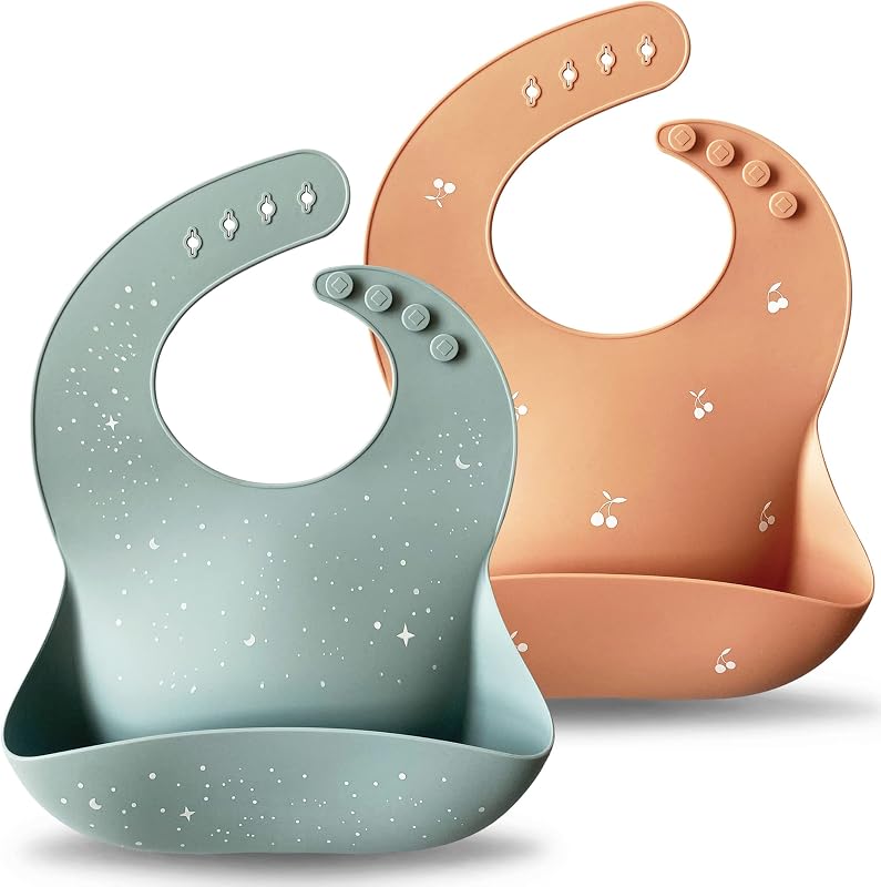 Silicone Baby Bibs Set of 2, Waterproof Feeding Bibs for Toddlers, Adjustable Soft Silicone Bibs with Deep Food Catcher Pocket, BPA-Free, Dishwasher Safe (Ether/Muted)