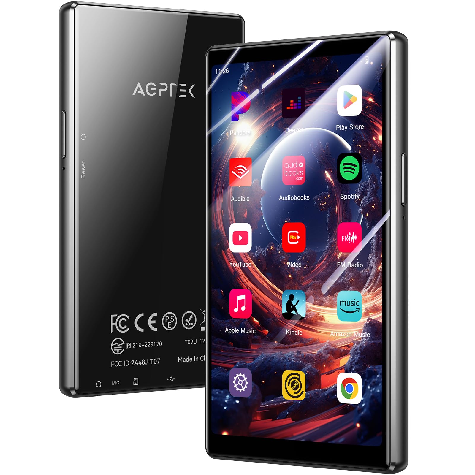 AGPTEK Lettore MP3 da 128 GB con Bluetooth e WiFi, T09 4'' Android 13 MP4 Lettore Musicale con Spotify, Audible, App Store, fino a 1 TB, Nero