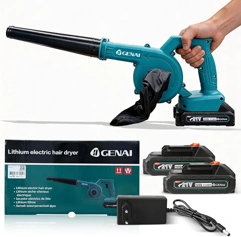 Soprador e Aspirador sem Fio 21V, 5.0Ah, 2 Baterias e Carregador, Velocidade 0-12800 RPM, para Folhas, Neve e Poeira, Uso Doméstico e Profissional