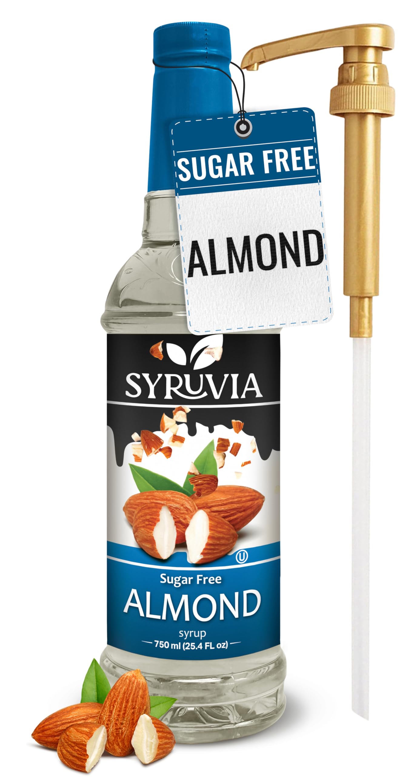 Syruvia Sugar-Free Almond Coffee Syrup - 25.4 fl oz Premium Coffee Flavoring Syrup - 0 Calorie- Kosher Coffee Syrups, Gluten Free, Perfect for Drinks, Soda, Shakes, Desserts, and More With Pump