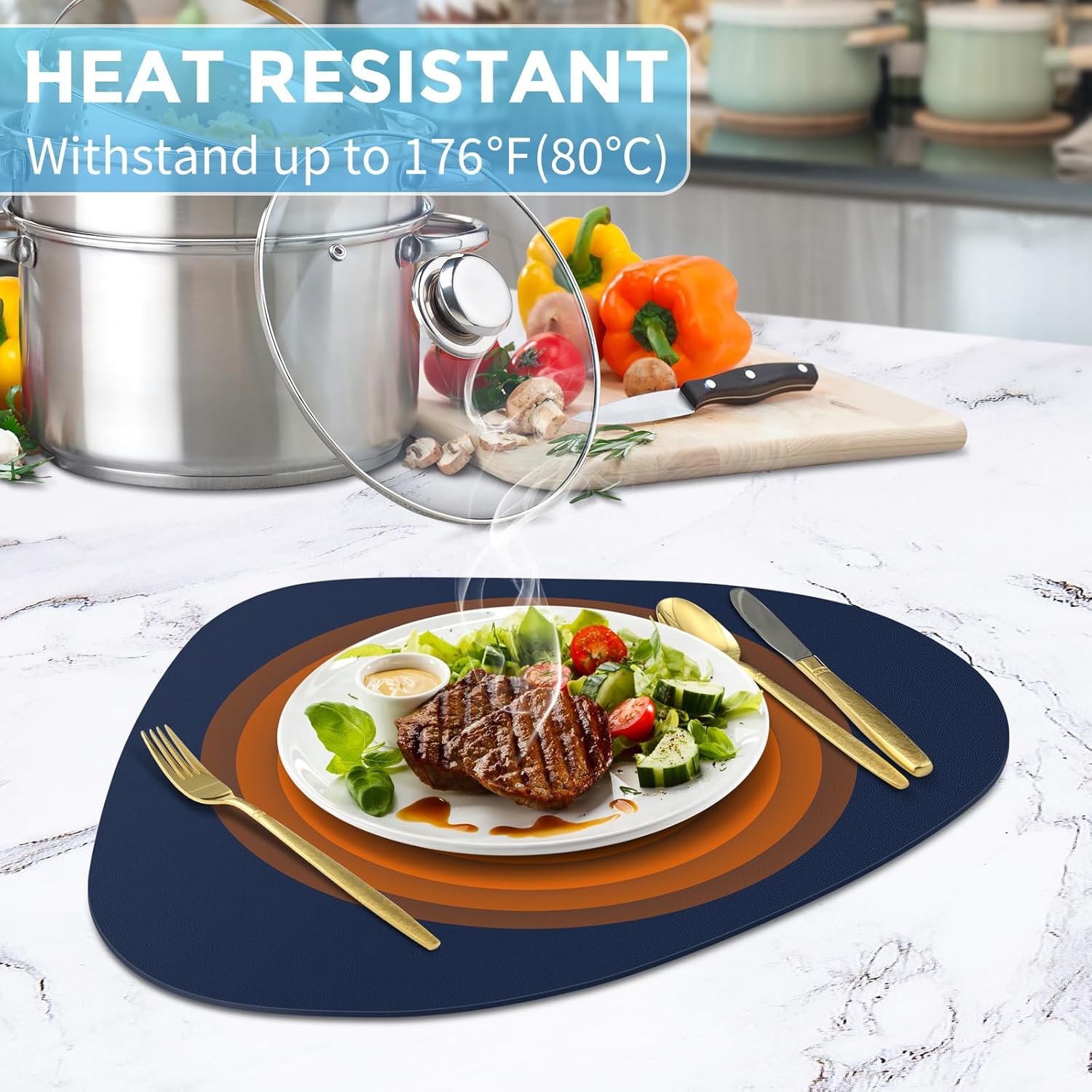 Placemats Set of 8, Heat Resistant Leather Placemats Double Layer, Soft Waterproof Round Table Mats Easy to Clean for Kitchen Dining Room Coffee Office Table, Blue