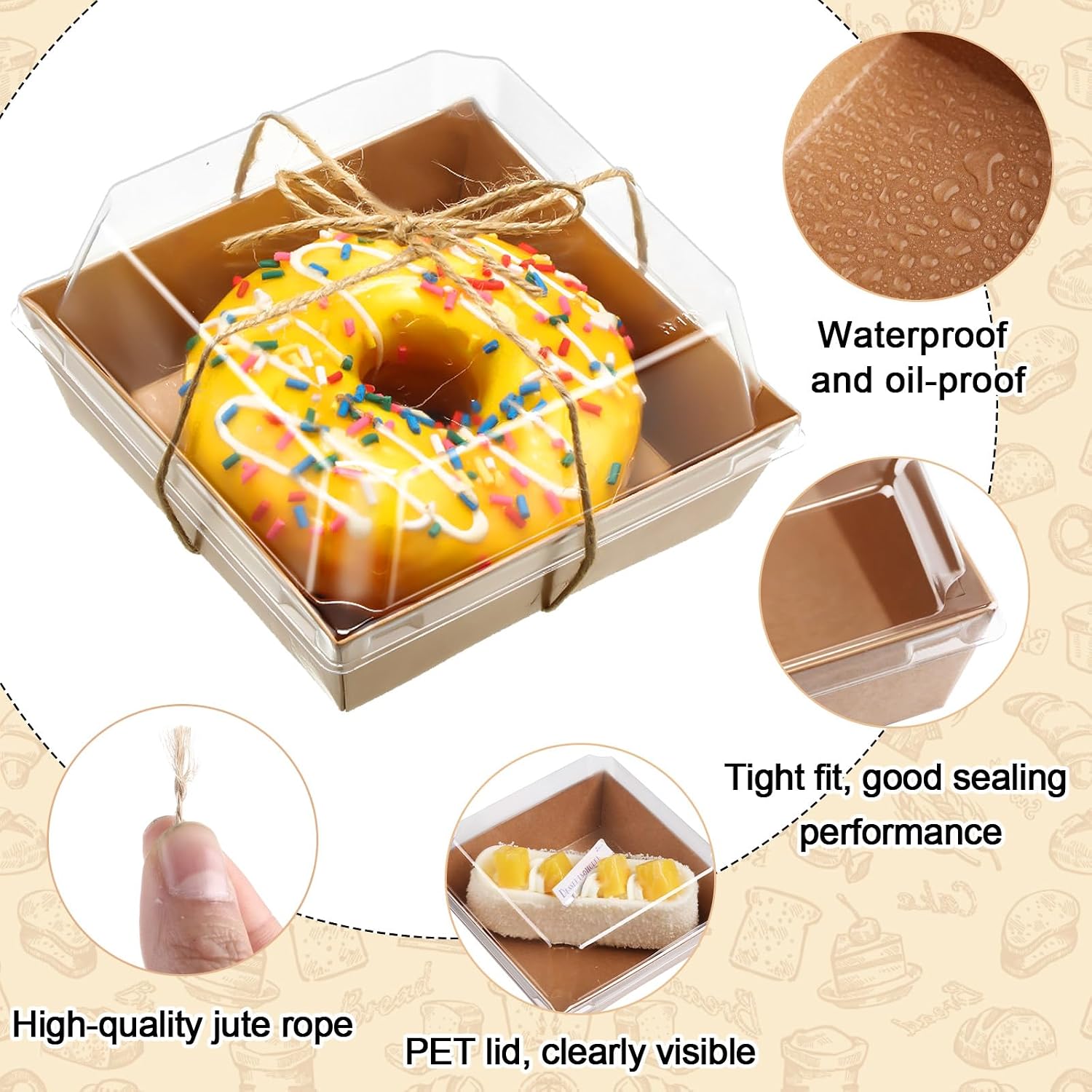 Ctosree 100 Pcs Paper Charcuterie Boxes with Clear Lids 4.5 Inches Disposable Cake Square Dessert Container Bakery Boxes with Rope for Food Cake Slice Cookie Sandwich Dessert(Brown)