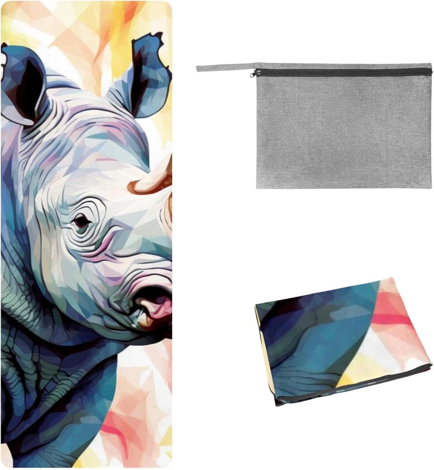 Yoga Towel, Rhino Animal Print Non Slip Sweat Absorbent Hot Yoga Mat Towel for Hot Yoga, Pilates and Fitness - 72.8" x 26.8"