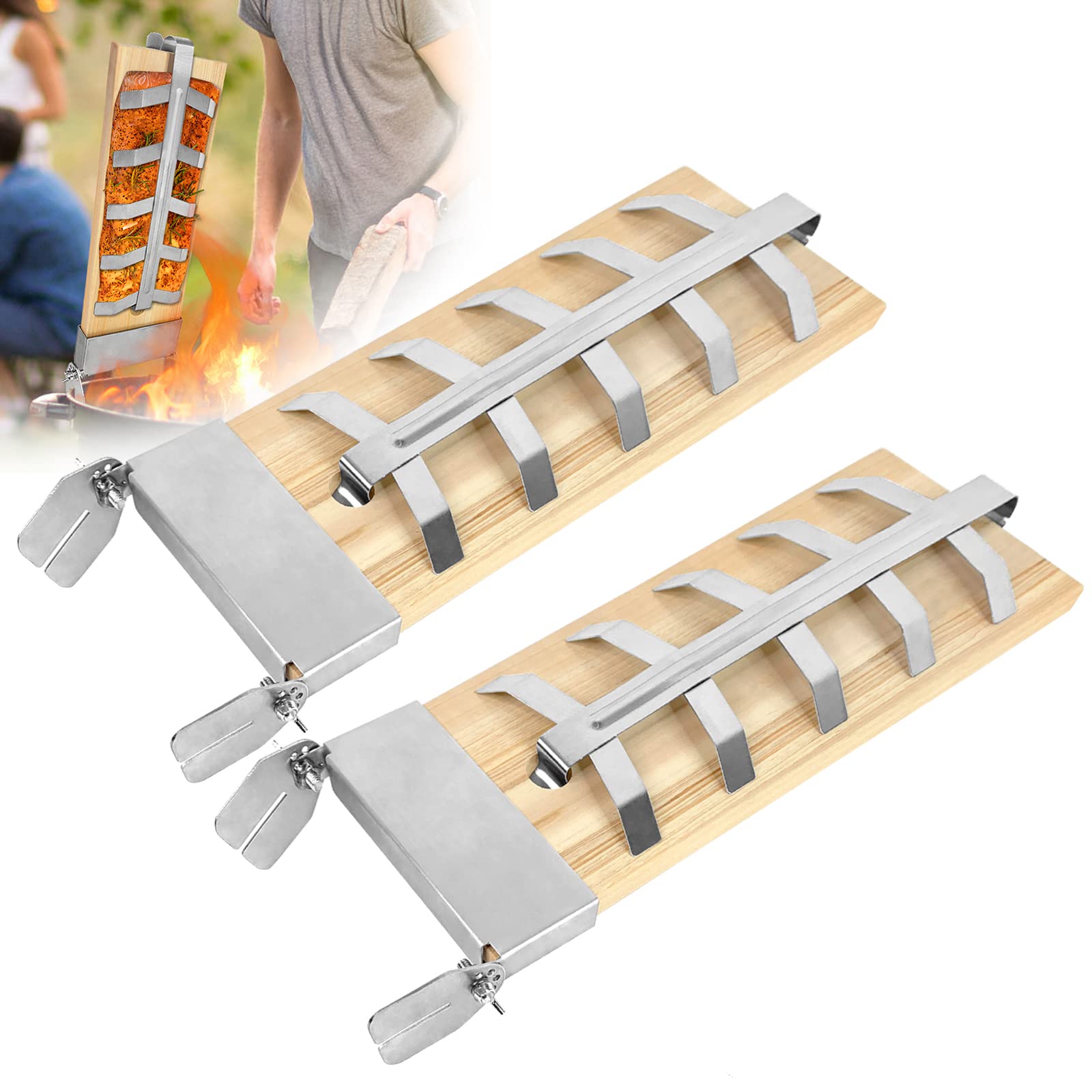 2X Tavole di Salmone alla Fiamma con Supporto Assi per Salmone per Grigliare Assi per affumicare tavola in Legno di Cedro Salmone a Fiamma Regolabile a 5 Livelli per braciere, Grill