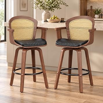 REONEY Rattan Barstools Set of 2, 26inch Counter Height Swivel Bar Chairs