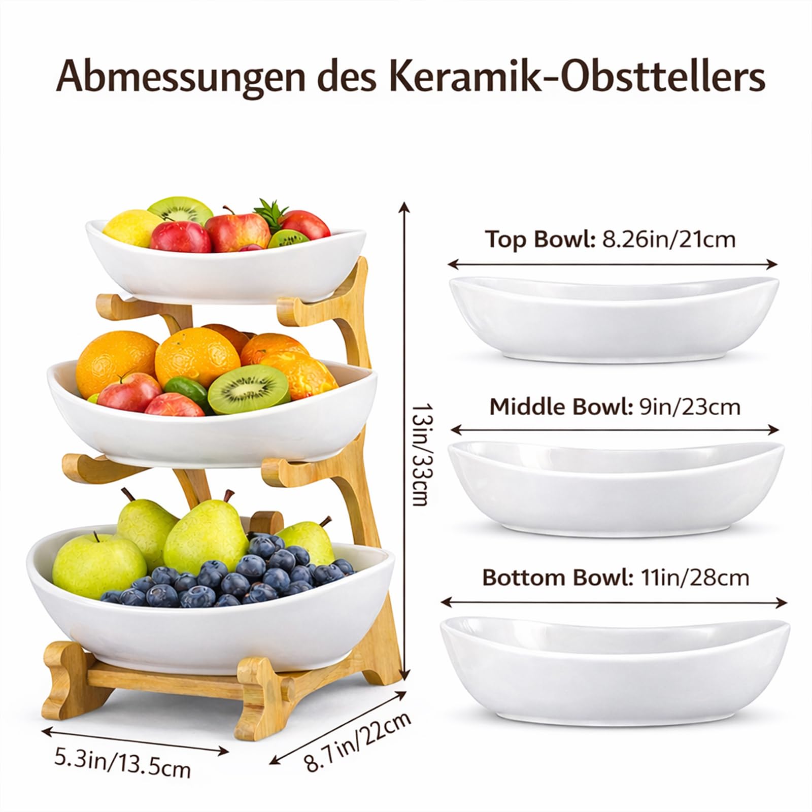 Obst Etagere 3 Stöckig Keramik mit Bambusständer – Etagere Obstschale für Küche & Esstisch, Große Obstständer für Arbeitsplatte, Spülmaschinenfest