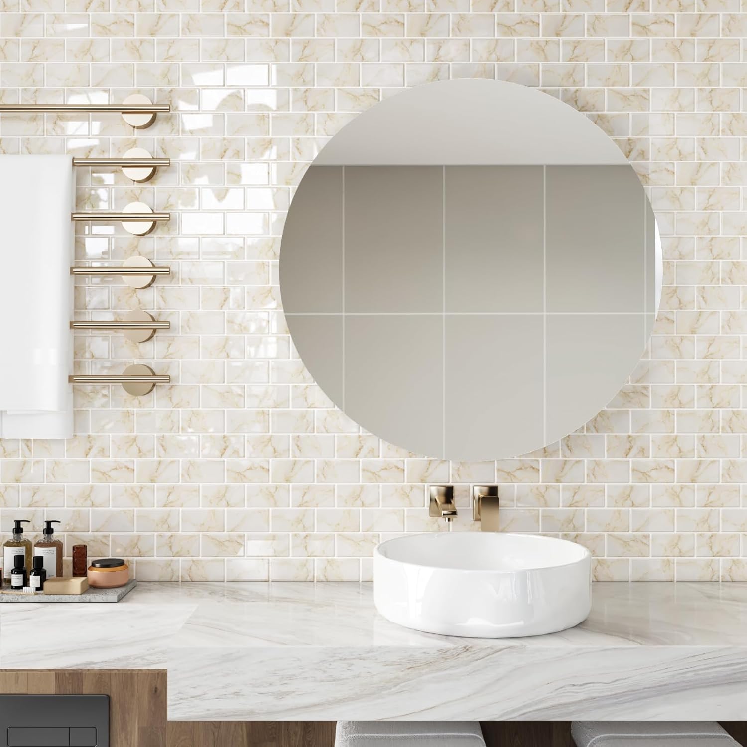 CRE8TIVE 16 Sheets Peel and Stick Backsplash Tile for Kitchen 12"x12" Yellow Marble Subway Tile Back Splash Stick on Tiles Self Adhesive Wall Tiles 3D Tile Stickers for Kitchen Bathroom Fireplace
