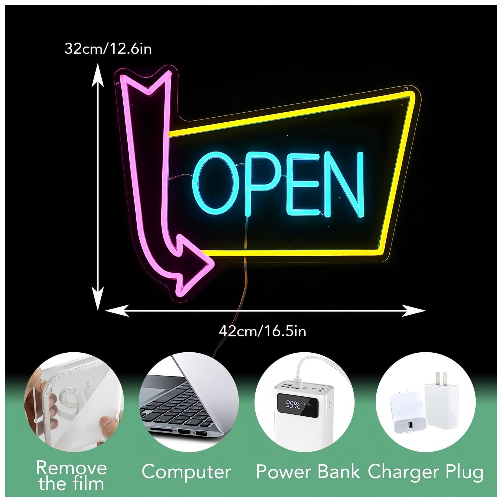 lampe au néon Enseigne au néon ouverte avec flèche, panneau LED à intensité variable, décoration murale pour magasin, Bar, hôtel