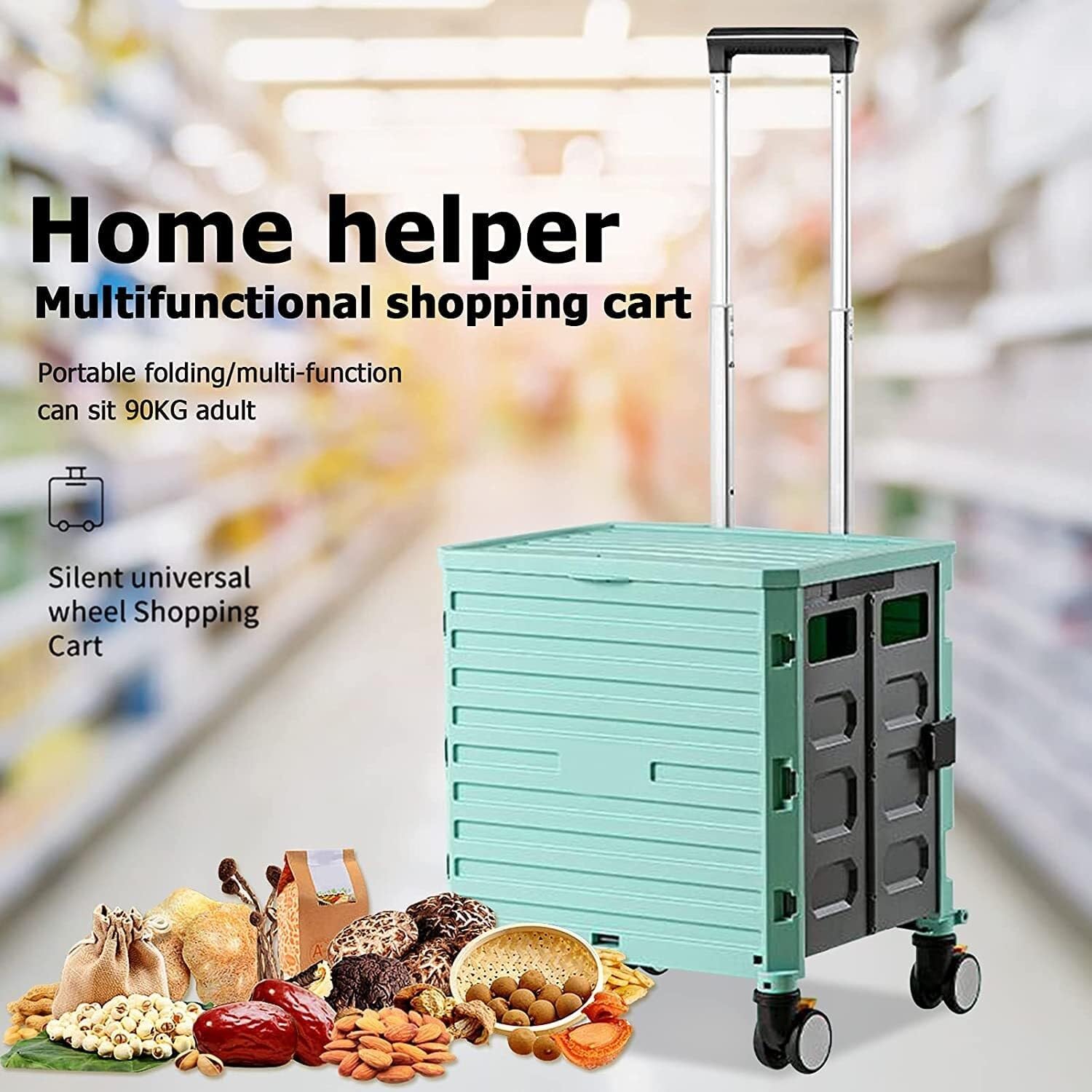 Wózek na zakupy, wózek spożywczy, wózek na zakupy, z 4 uniwersalnymi kółkami, składany, supermarket, torba na zakupy, odporna na zużycie, bezgłośna, obracana o 360°, dla kobiet, mężczyzn, podróży,