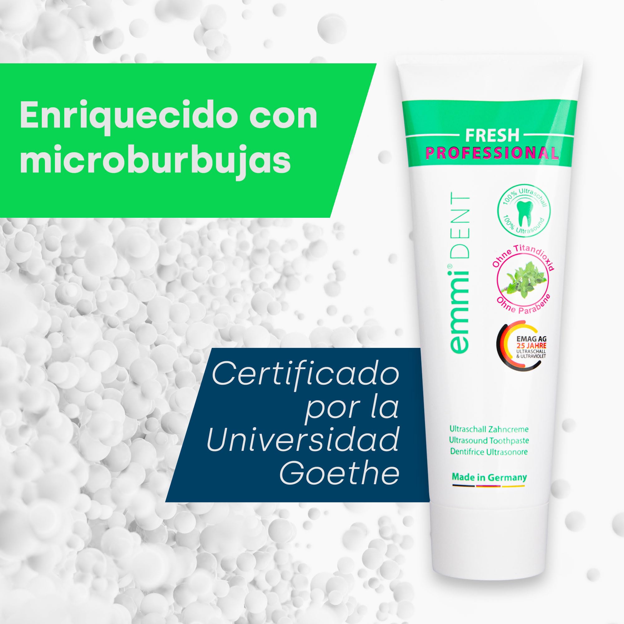 emmi-dent Cepillo de dientes ultrasónico fino, color blanco, hasta 96 millones de vibraciones/min, 3 modos de limpieza, batería de hasta 15 días, incluye estación de carga Qi (USB-C), 2 cabezales y