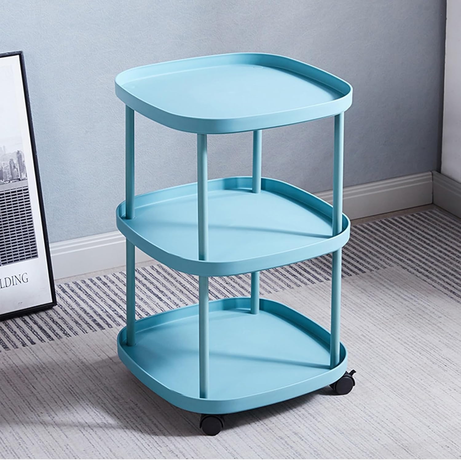 Tavolino da salotto con rotelle, tavolino stretto, tavolino piccolo a 3 ripiani, tavolino da caffè per soggiorno, tavolino da snack, comodino piccolo spazio (blu)