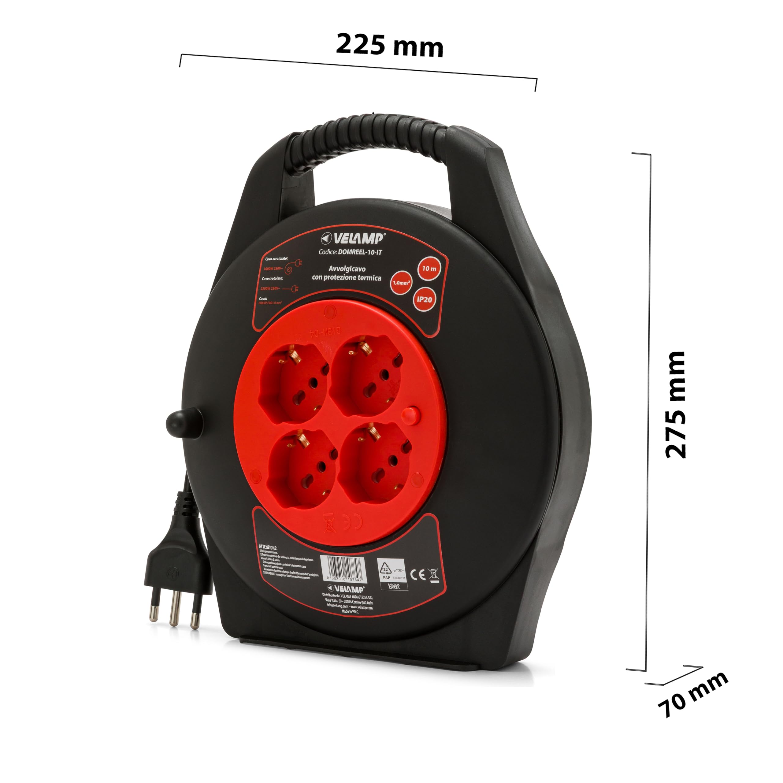 VELAMP - Prolunga Elettrica 10 Metri con Avvolgicavo Elettrico e Presa Multipla (4 Prese Schuko + 10/16A), Spina Grande 16A, Interruttore di Sicurezza – Cavo Elettrico Multipolare 3G Sezione 1,0 mm²