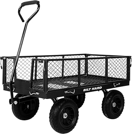 BILT HARD 10" Flat Free Tires Heavy Duty Garden Cart with 180° Rotating Handle and Removable Sides, 4 Cu.Ft 880 lbs Capacity Utility Steel Wagons for Outdoor, Yard