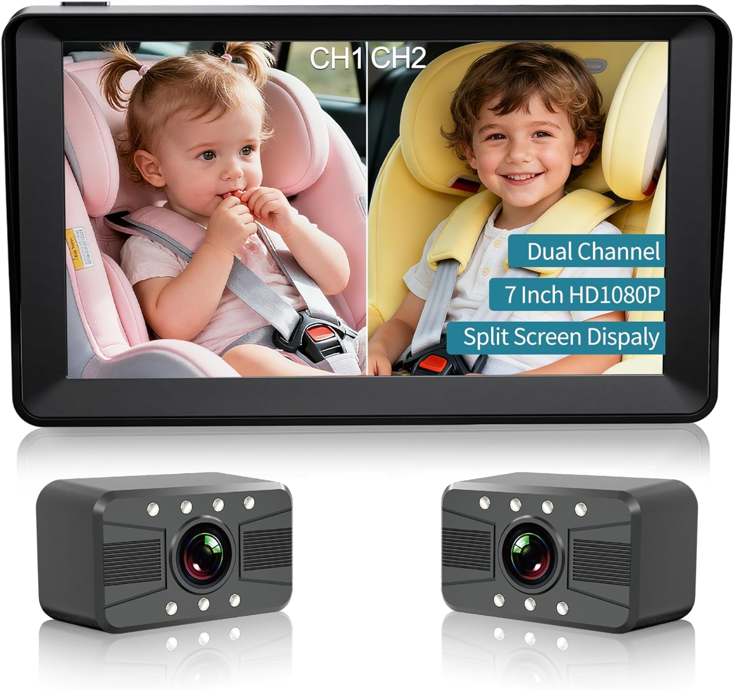 Baby Car Camera -7 Inch Split Screen with Dual Seat Cameras, Night Vision, HD 1080P - USB Powered Ea