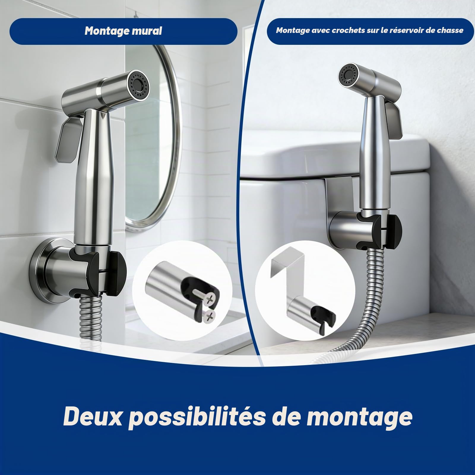 Pulvérisateur de bidet à main en Acier Inoxydable, Douchette Bidet Avec Vanne En T G1/2" Et Adaptateur Toilette G3/8", Flexible 150Cm, Support Mural Ou Crochet, Douche Pour Bébé, Animaux Et Hygiène