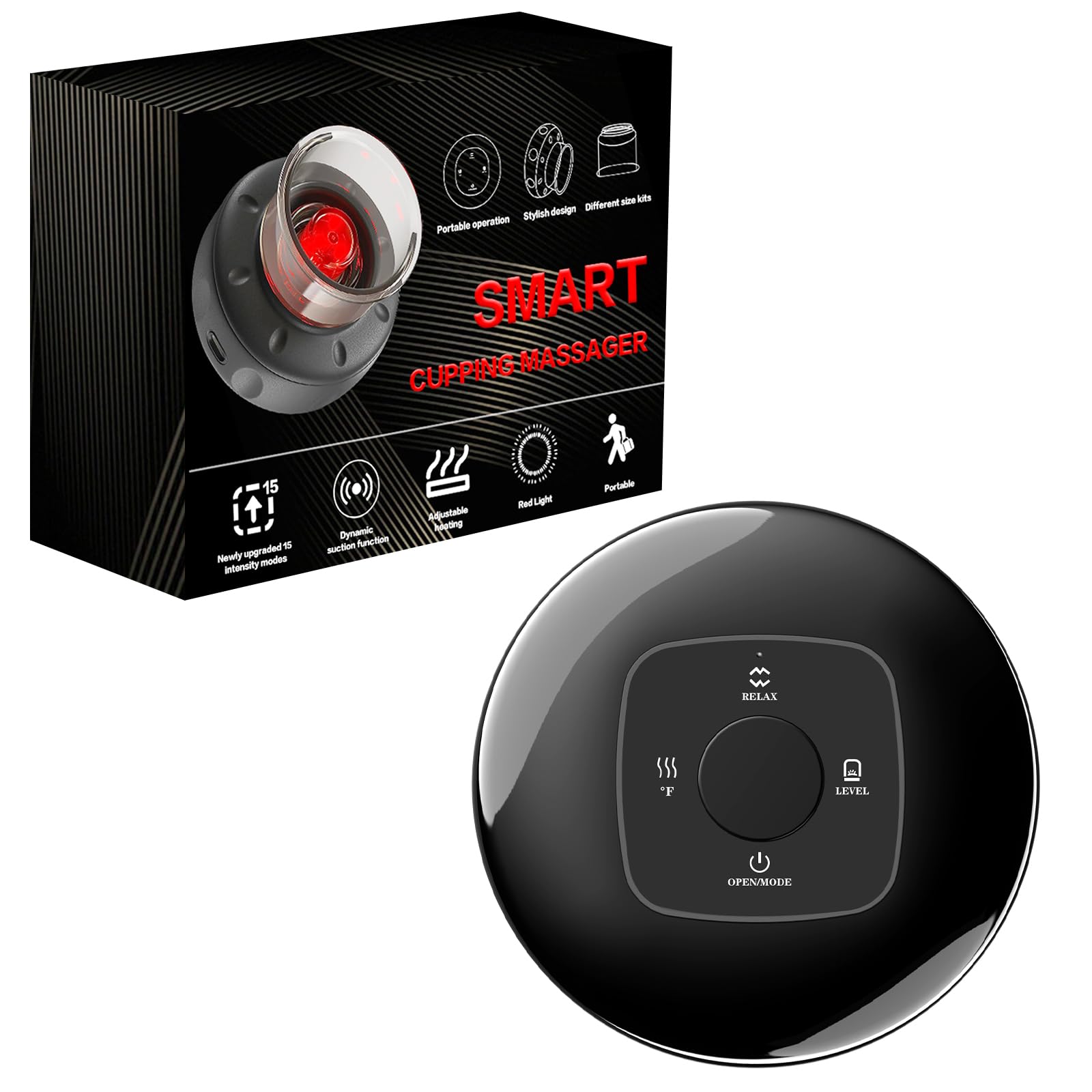 5-in-1 Smart Cupping kit for Massage Therapy with Red Light,15 Levels of Suction Strength and Temperature Control，for Targeted Pain Relief, Portable Electric Cupping Therapy Set, Black