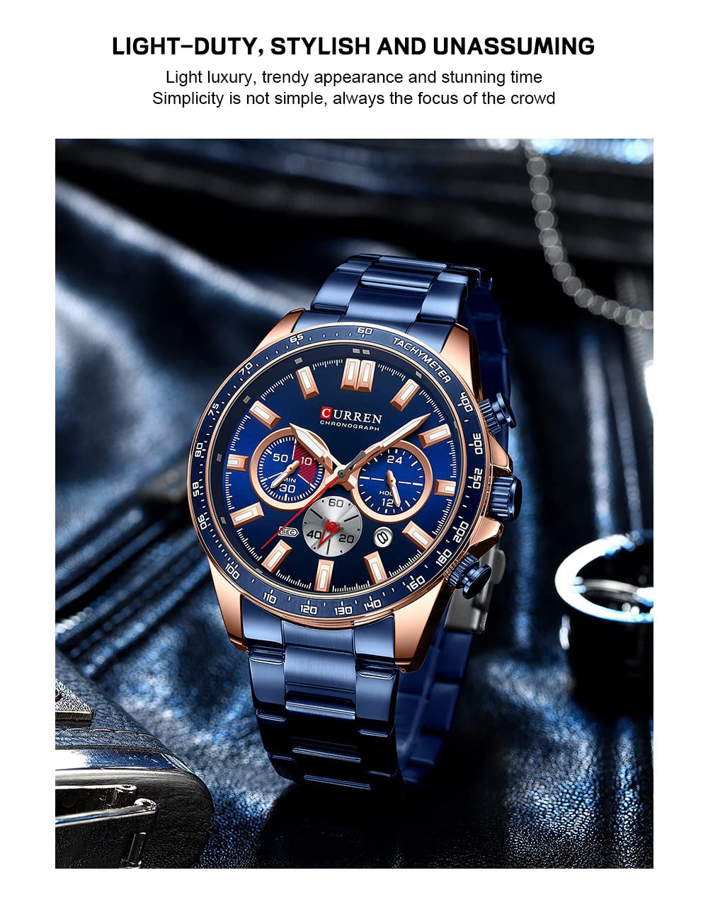 Orologio per gli Uomini Cronografo In Acciaio Inox Classico Modo Analogico Al Quarzo Grande Quadrante Casual Luminoso Orologi, Blu, L