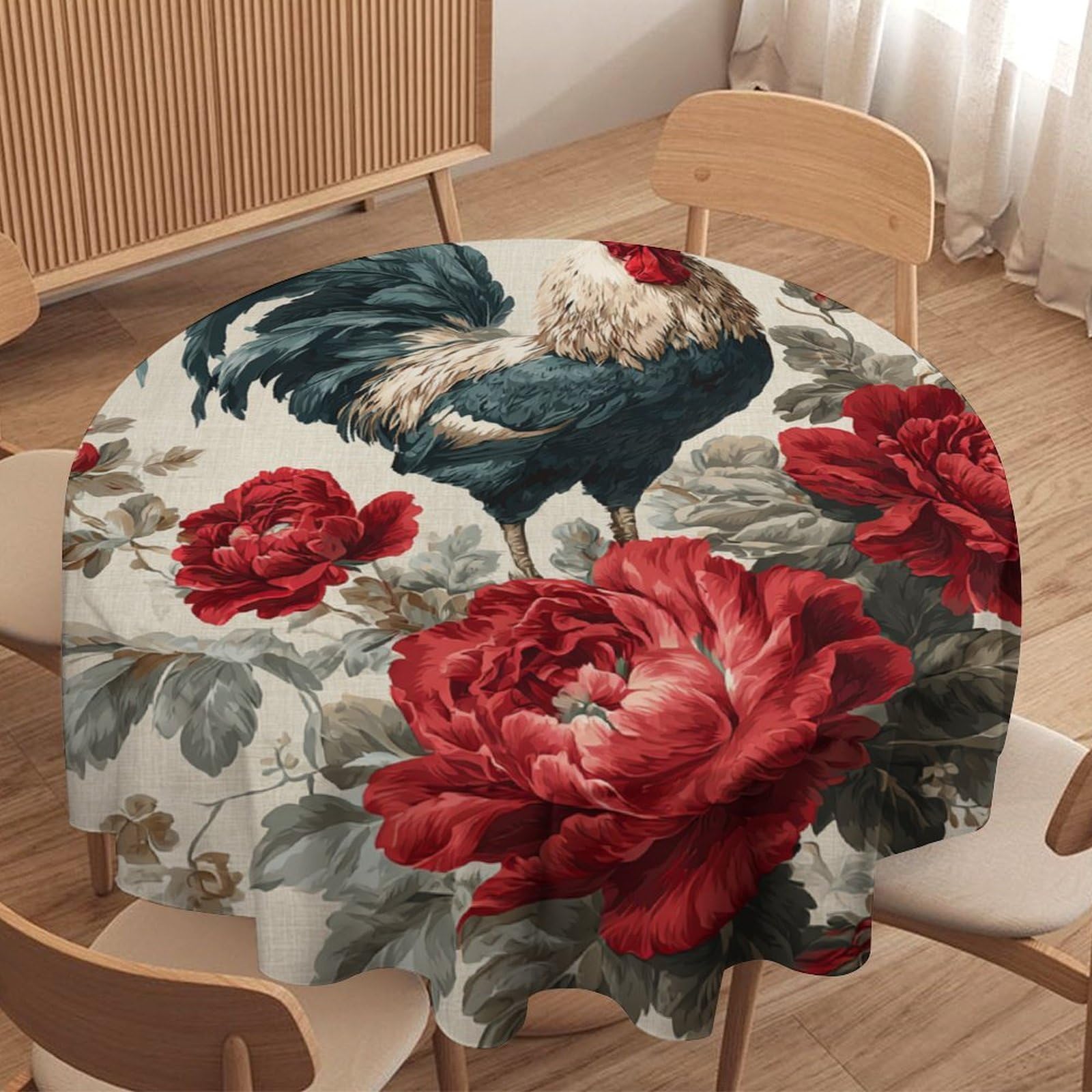 LUYYSKY Retro Aesthetic Animal Chicken Waterproof Round Tablecloth Watercolor Art Farm Plant Floral Rooster Pattern Washable Table Cover for Kitchen-177.8" Wx177.8 L cm