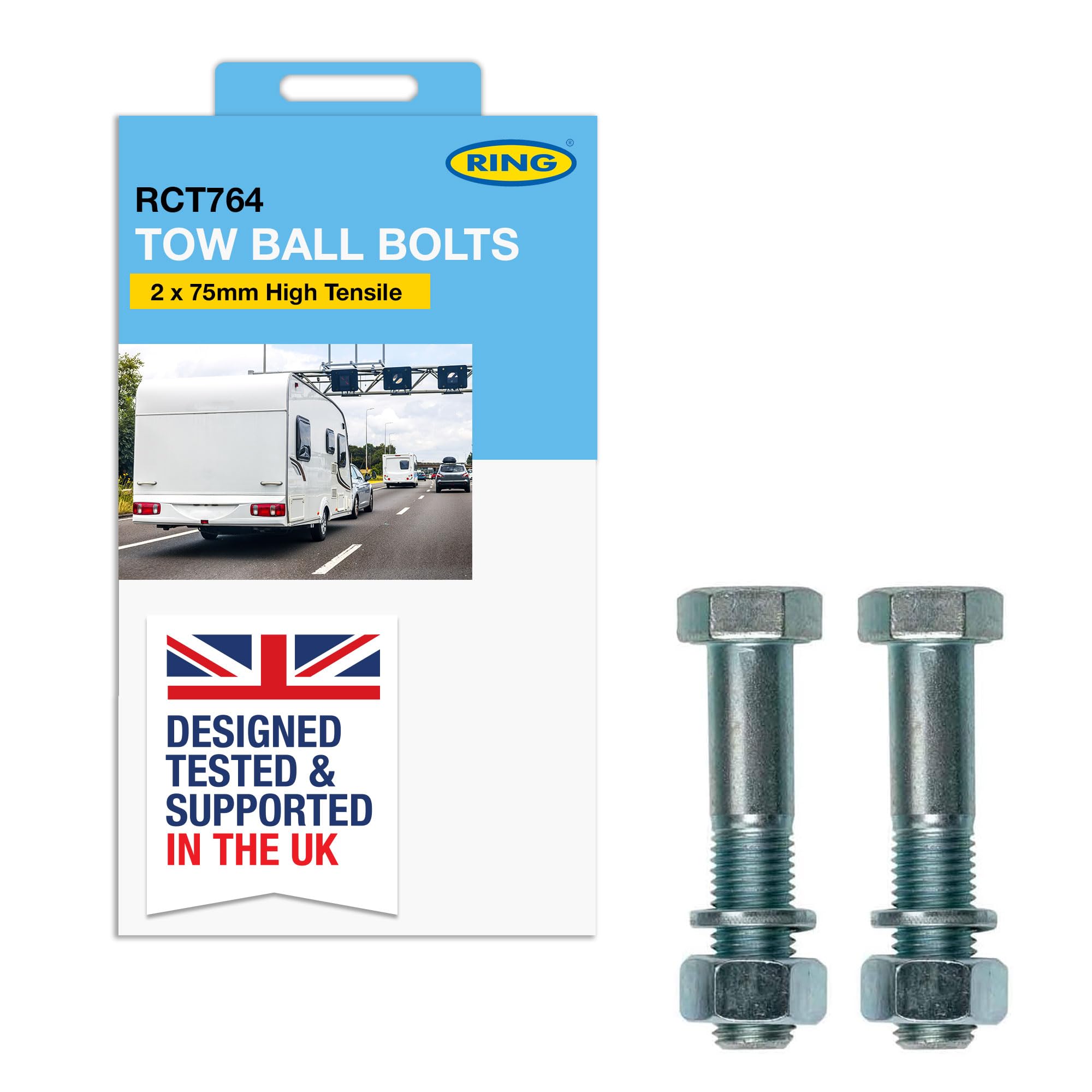 RING 2 x 75 mm high Tensile Tow Ball Mounting Bolts: Standard Size (M16) - Suitable for Two Bolt Fixing Tow Balls
