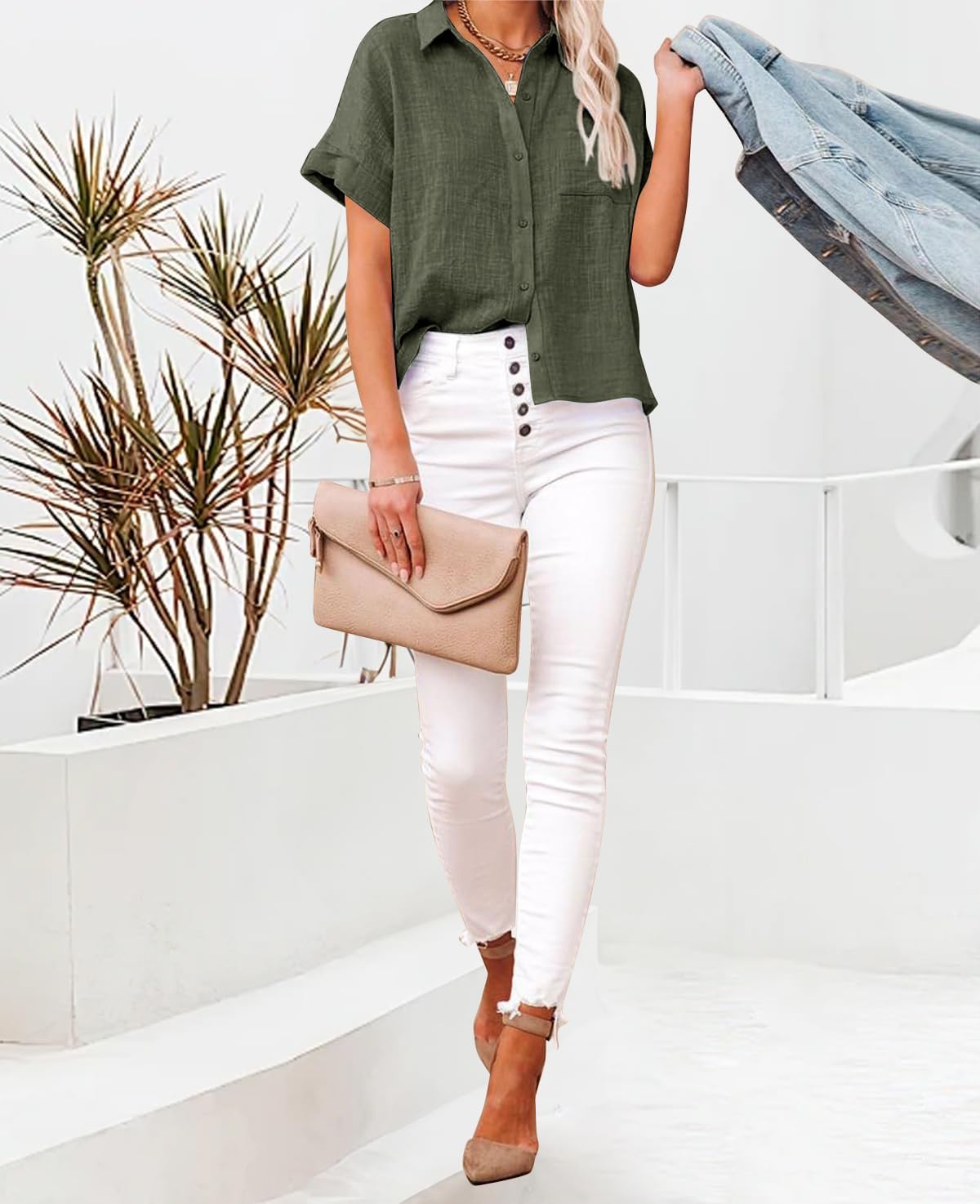 Womens Casual Cotton Linen Button Down Short Sleeve Shirts Solid Summer Beach Blouses Tops with Pocket - Image 4