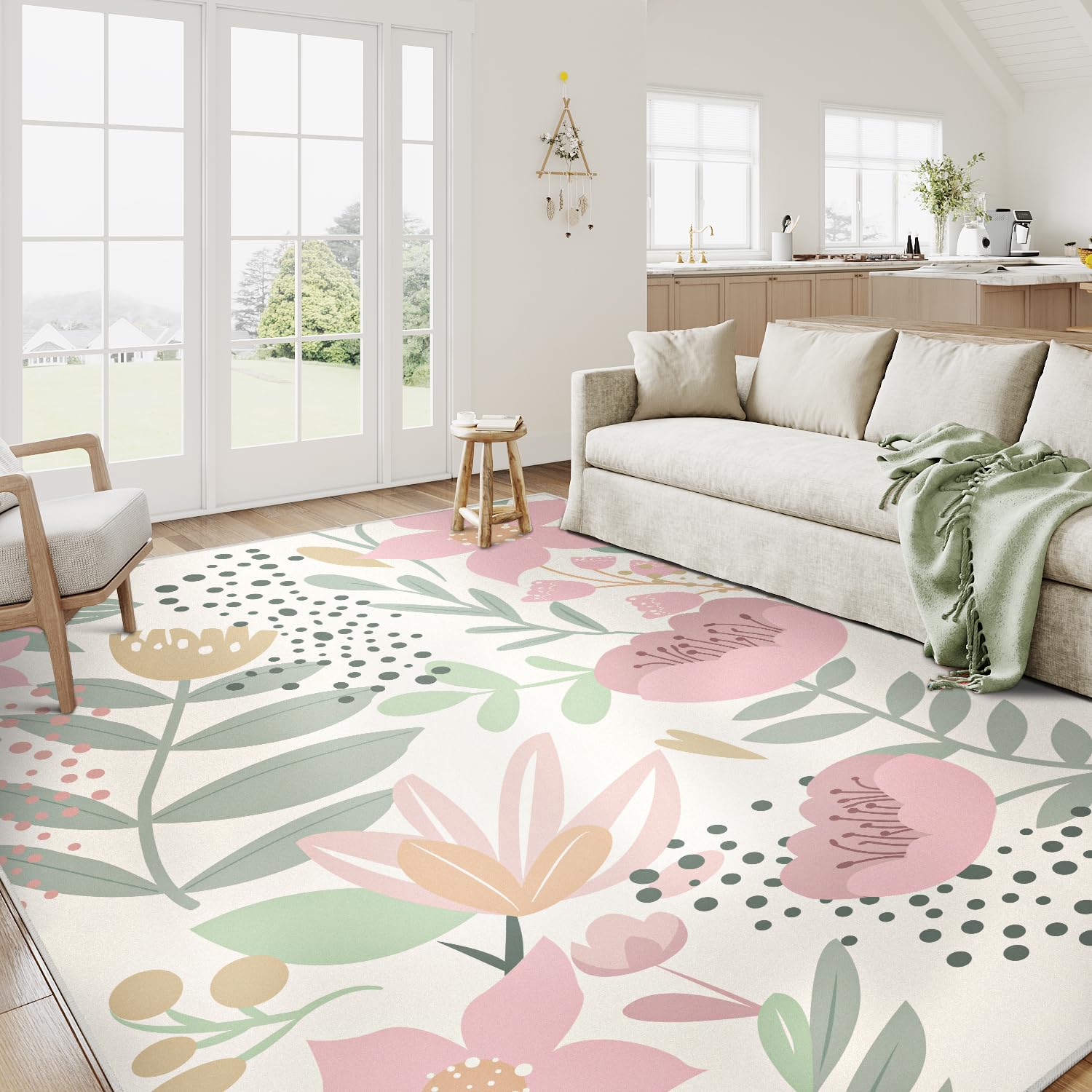 Pink Area Rug 8x10 Washable Boho Large Living Room Carpet Non Slip Kitchen Soft Cute Bedroom Botanical Indoor Accent Rug for Office Dining Room Nursery Bathroom FarmhouseOEKO-TEX STANDARD 100