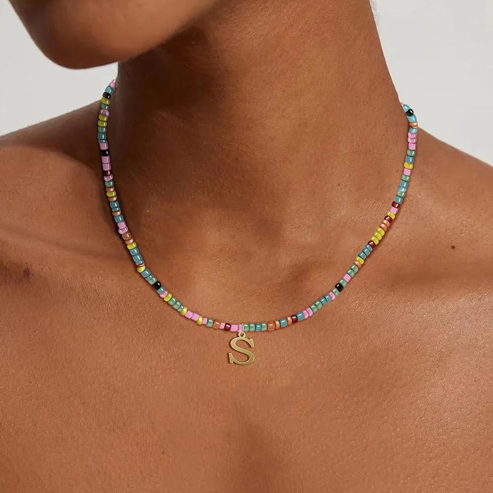 Beaded Initial Necklace For Women - 14K Gold Plated Rainbow Gemstone Choker With Letter Pendant