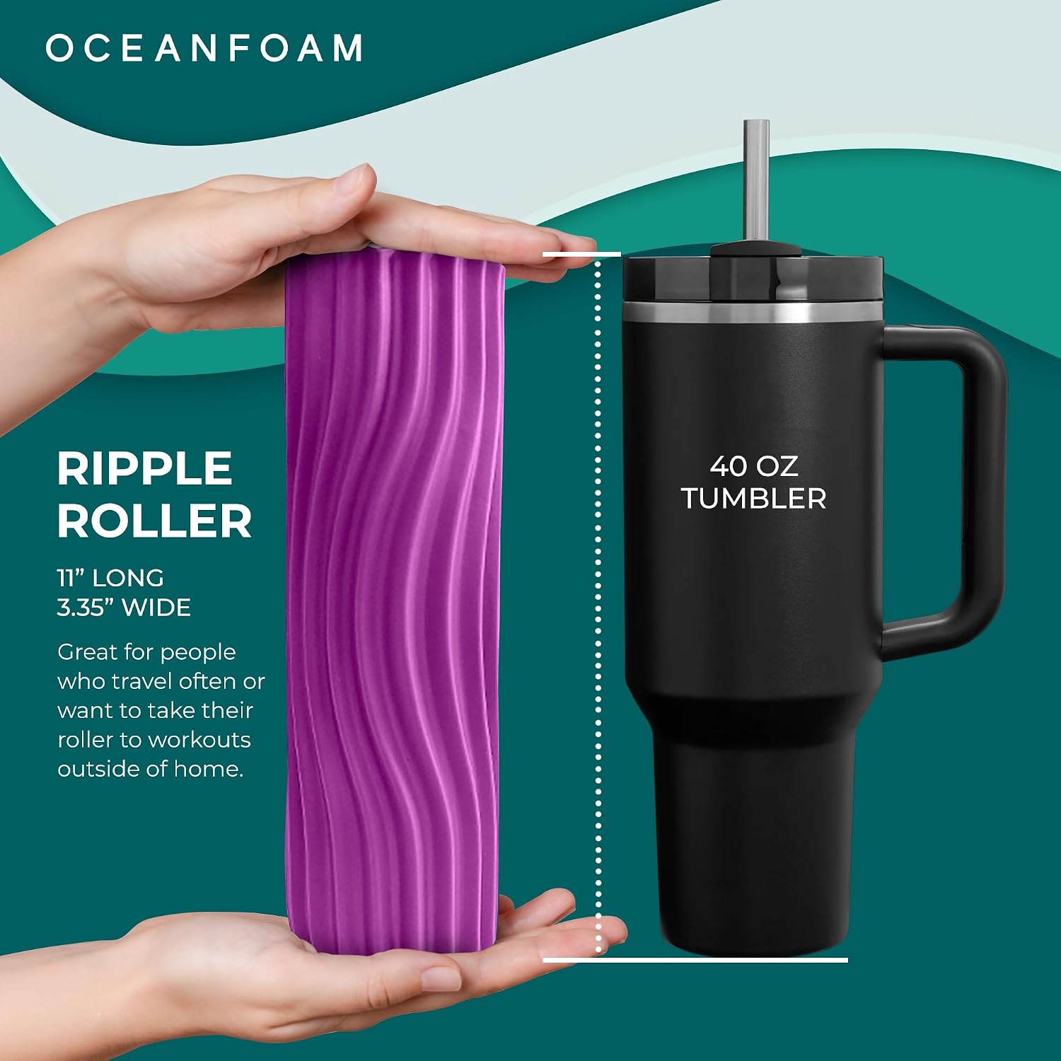 Oceanfoam Ripple Travel Foam Roller (11" x 3.35") Firm Mini Foam Roller for Physical Therapy, Deep Tissue Massage, Back Pain - High Density, Ergonomic Wave Textured - Yoga, Pilates, Exercise (Magenta)