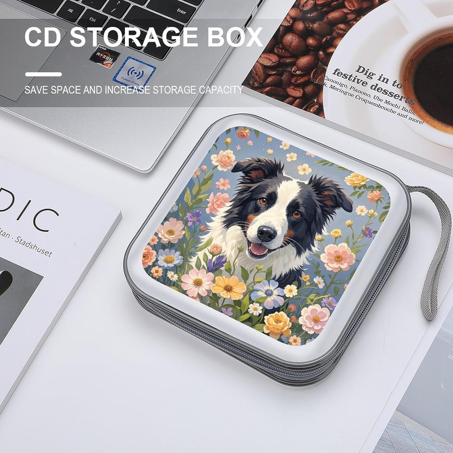 Border Collie Florals CD Case 40 Capacity CD/DVD Case Holders Portable Zipper CD Holder Large Storage Disc Wallet Bag Hard Plastic DVD Disc Cases Wallet Disc Storage Binder for Car