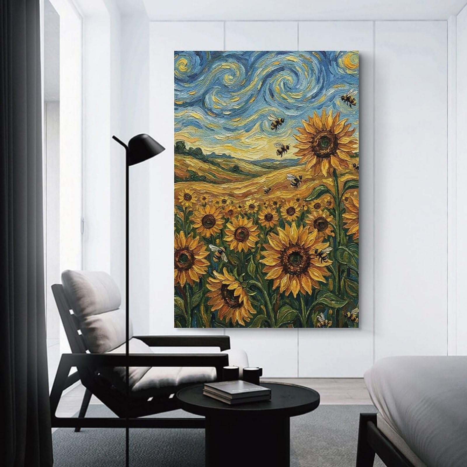 Junmoney Sunflower Field with Bees, Van Gogh Style Canvas Art Print, 20x30inch(50x75cm), for Hallway, Bedroom Or Modern Interiors, A Wall Art Gift for Fresh Interiors