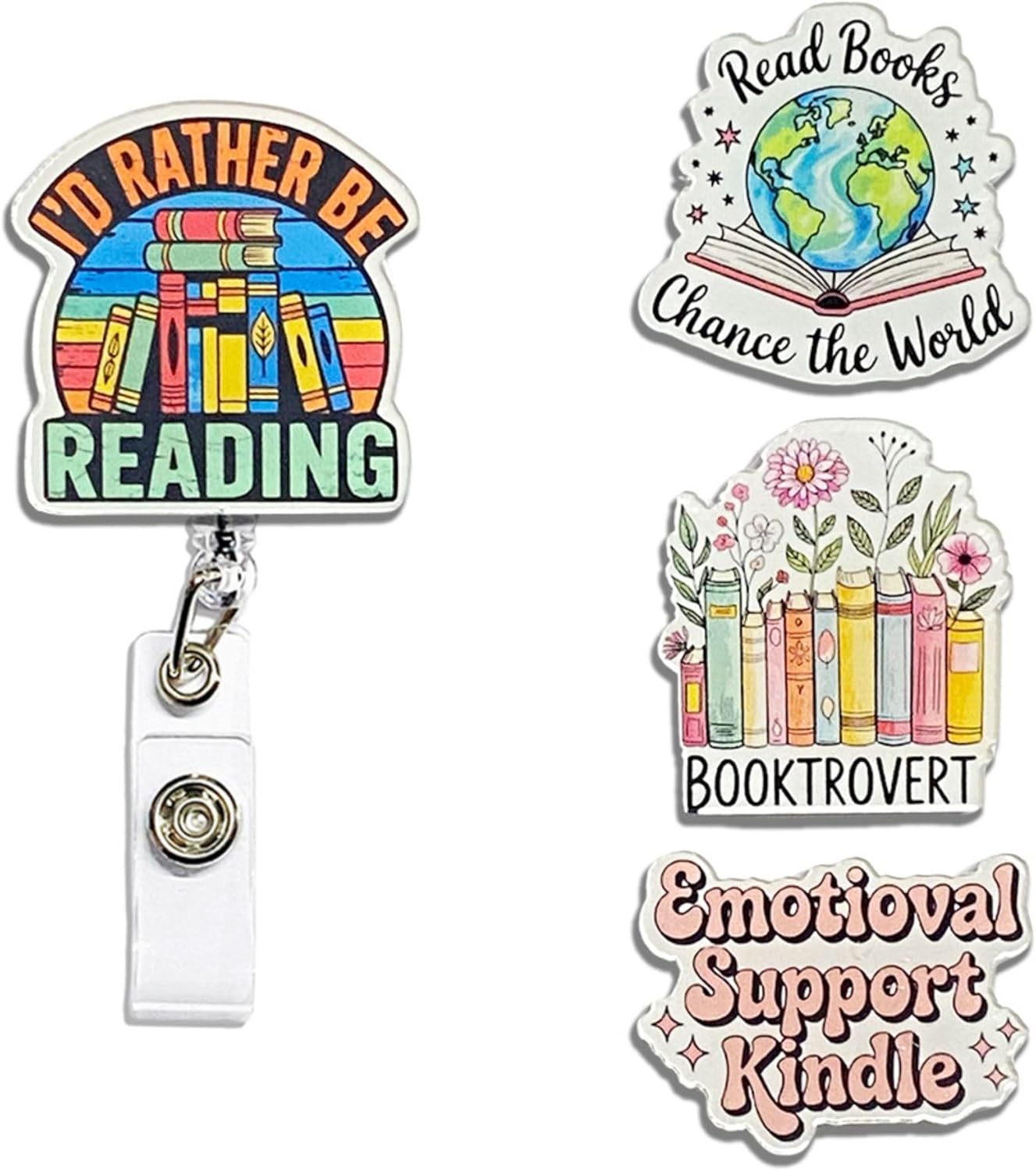 (4PCS) I'd Rather Be Reading Badge Reels Retractable, Name Badge Holder Reel ID Clip, Readers Book Lover Bookish Booktok Pediatric Decorative Gifts for Readers Nurses Office Worker Teacher Student