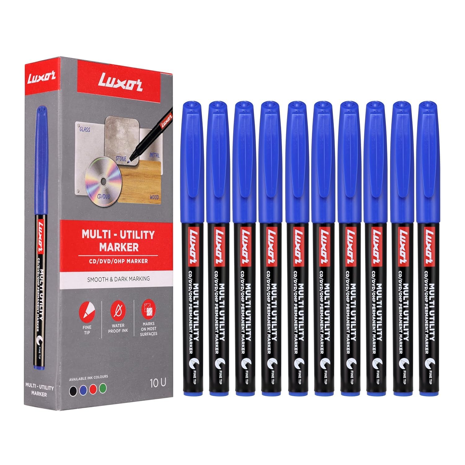 Sign Print Lab Luxor Permanent Marker Pens (Black, Fine Tip, Pack of 10) – CD/DVD/OHP Surface Markers, Waterproof Ink for Marking, Writing, Drawing, Black Ball Pen (Blue)
