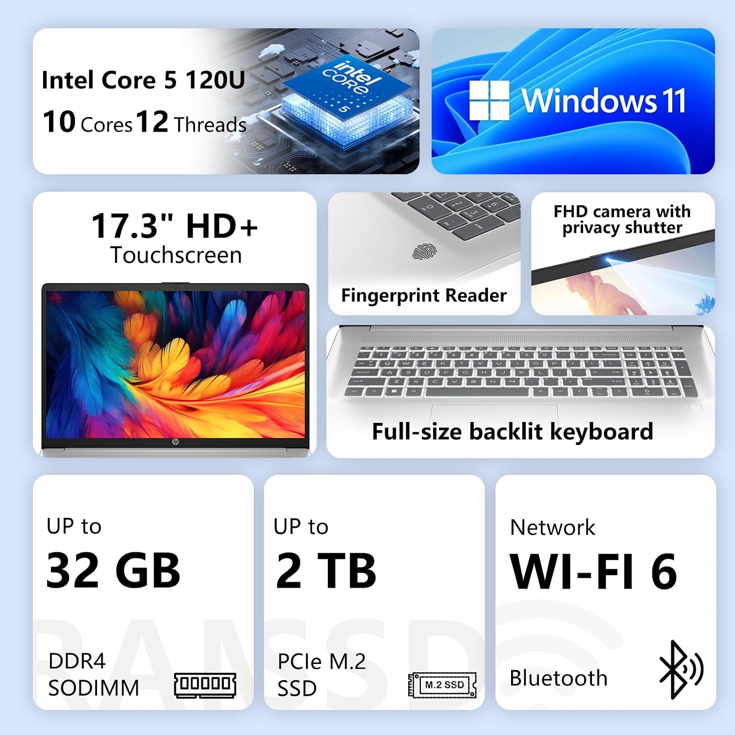 HP Essential 17.3" HD+ Touchscreen Intel 5 120U Laptop, 16GB DDR4 + 512GB | Full-size Backlit Keyboard, Wi-Fi 6, Fingerprint Reader, Privacy Shutter Camera, Bluetooth, Dual Speaker, Win 11 Home,Silver