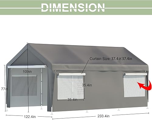Miniatura 4 de Cochera resistente de 10 x 20 pies con pared lateral enrollable y ventanas ventiladas con paredes laterales extraíbles, garaje portátil al aire